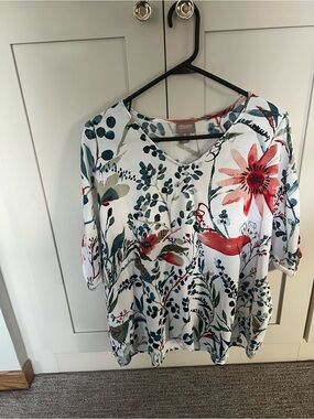 Chico's White Tunic with Coral Floral & Teal Foliage